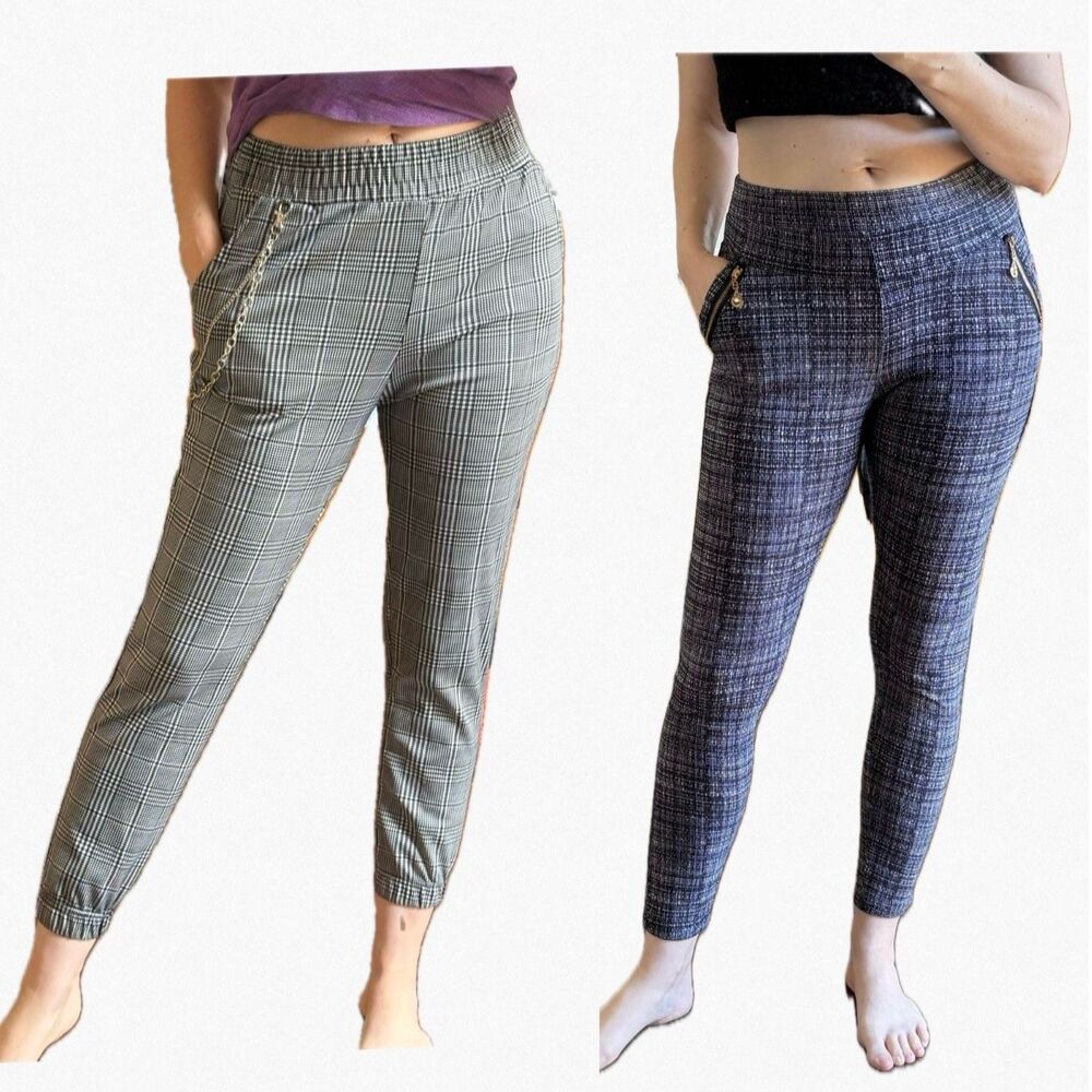 Black Gray Stretch Pant Lot XS XJ Boost Plaid Jogger Gold Zip Chain Trouser Y2K